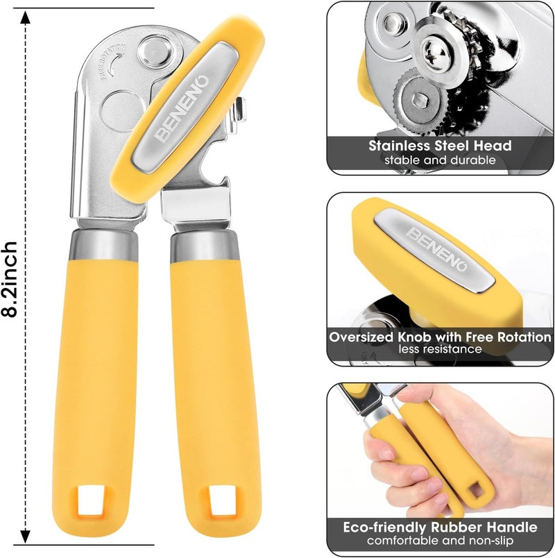 Beneno Heavy Duty Hand Can Opener Manual with Magnet, Durable Sharp Carbon Steel Blade Smooth Cutting, Big Effort-Saving Knob, Soft Grip Handle, Multifunctional Kitchen Tool with Bottle Opener, Yellow - Image 2